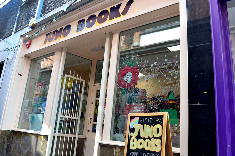 A photo of the front of the Juno Books shop
