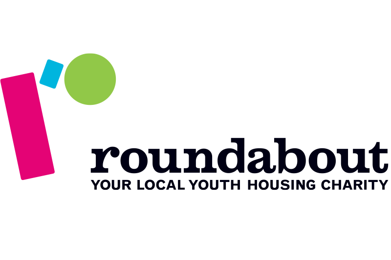 A rectangle, square and circle make a giant lower case r, followed by text reading Roundabout Your Local Youth Housing Charity